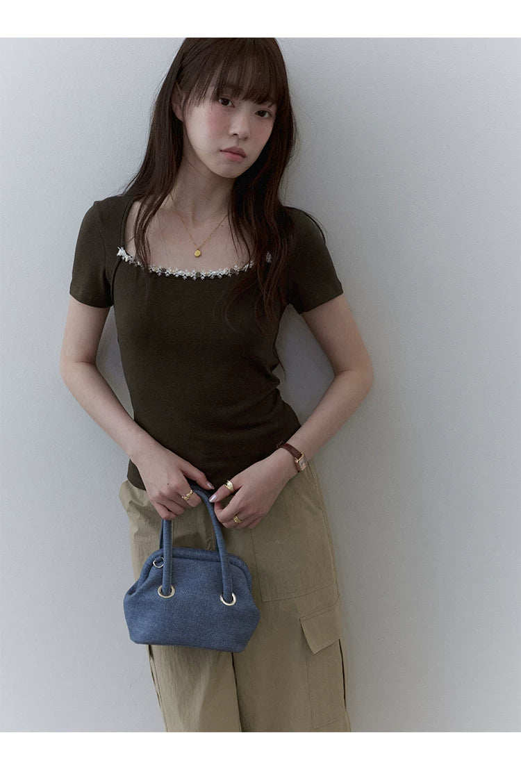 VOOE Square Neck Pearl Lace Tee