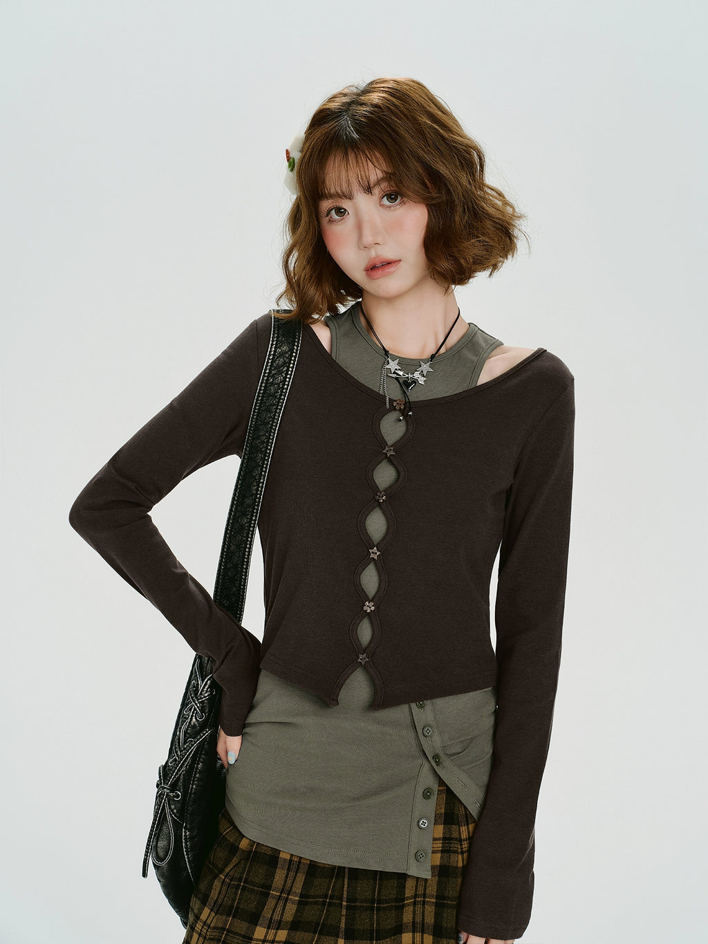 Girlyhalo Vintage Fake Two Piece Slim Skinny Long Sleeve