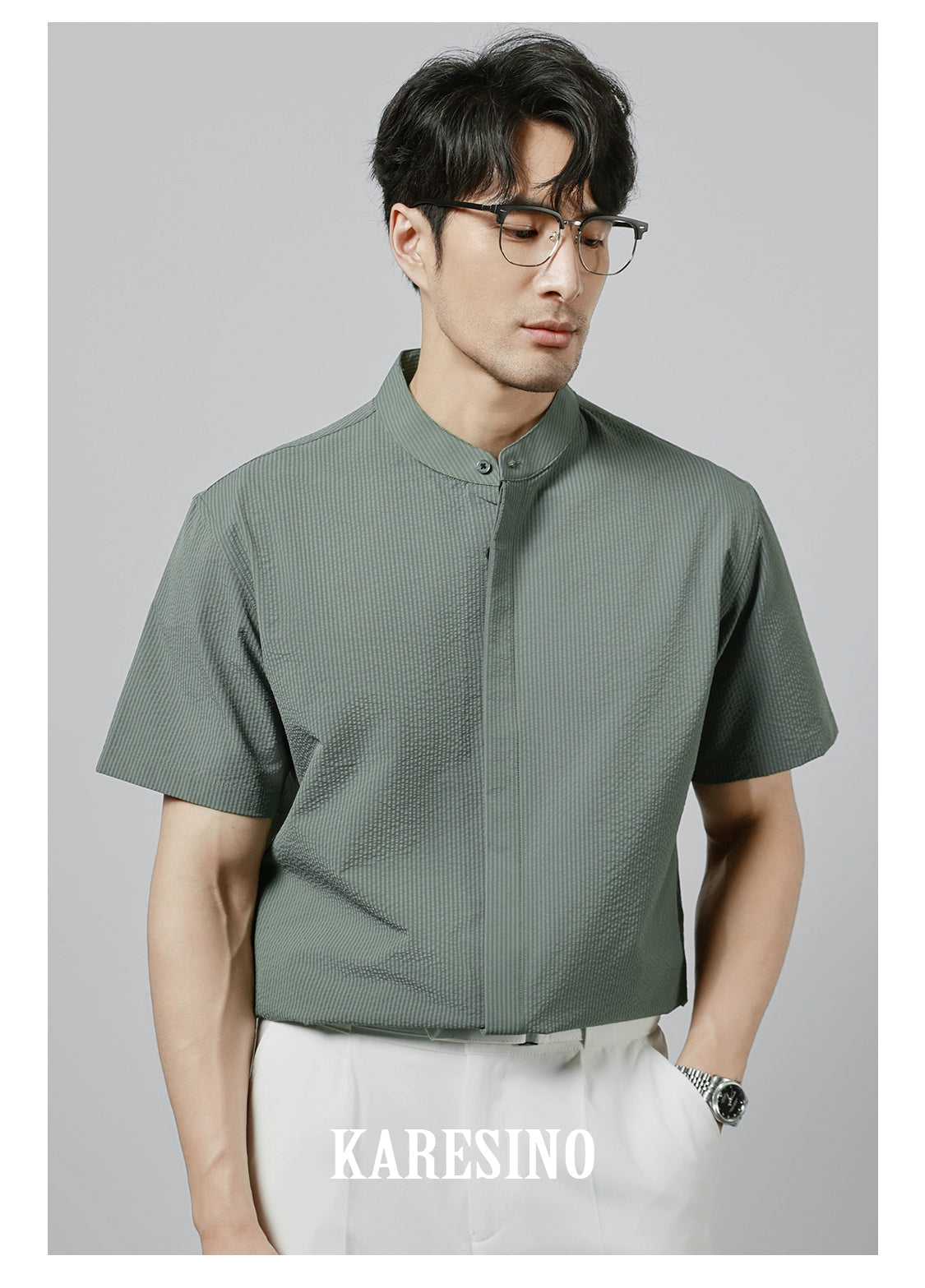 KARESINO Stand-up Collar Casual No-iron Striped Short-sleeved Shirt