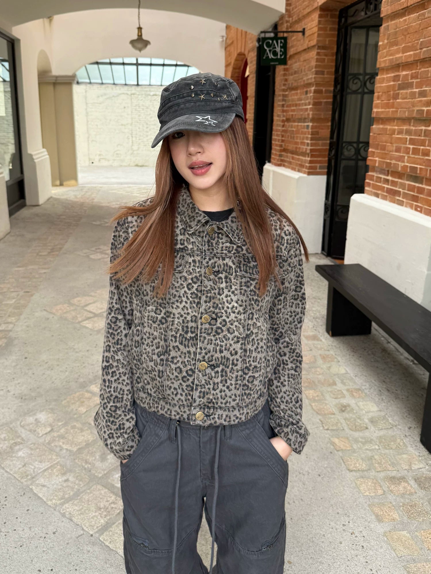 CCYE Retro Leopard Print Front Shoulder Denim Jacket