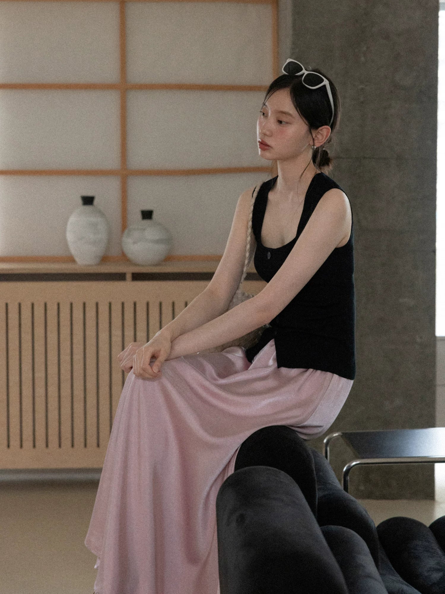 Cantonstory Square Neck Waist Sleeveless Suspender Vest Skirt Set