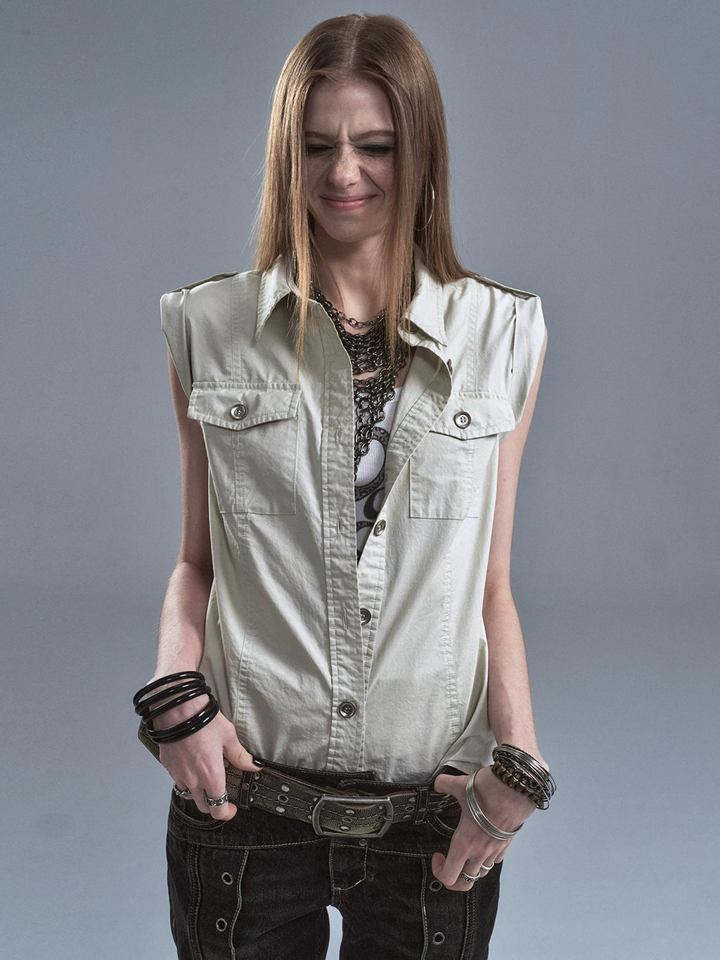 WearAndtear Rivet Metal Button Sleeveless Shirt