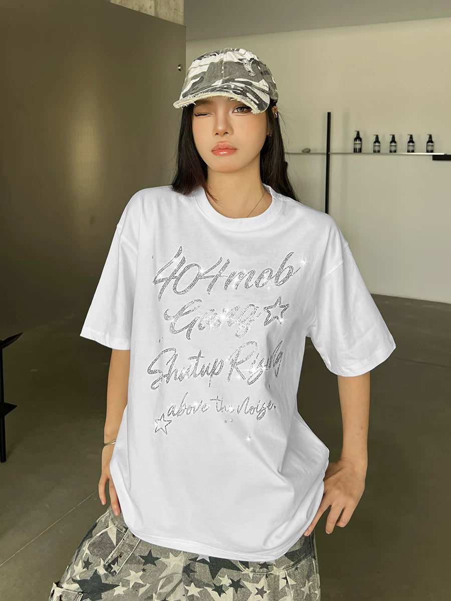 404MOB Letter Hot Diamond Round Neck Loose Tee