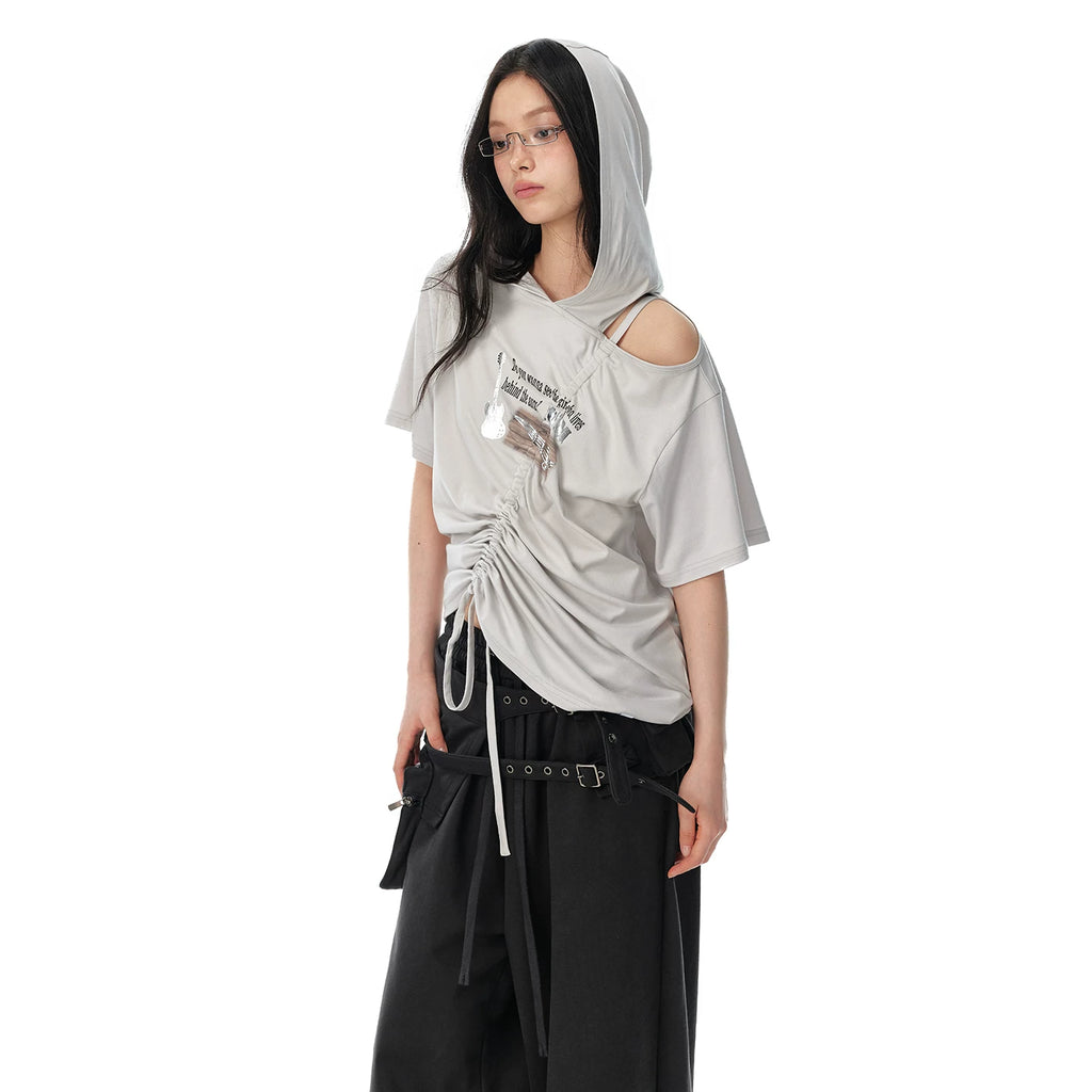 JIKOO Slanted Shoulder Hooded Loose Tee