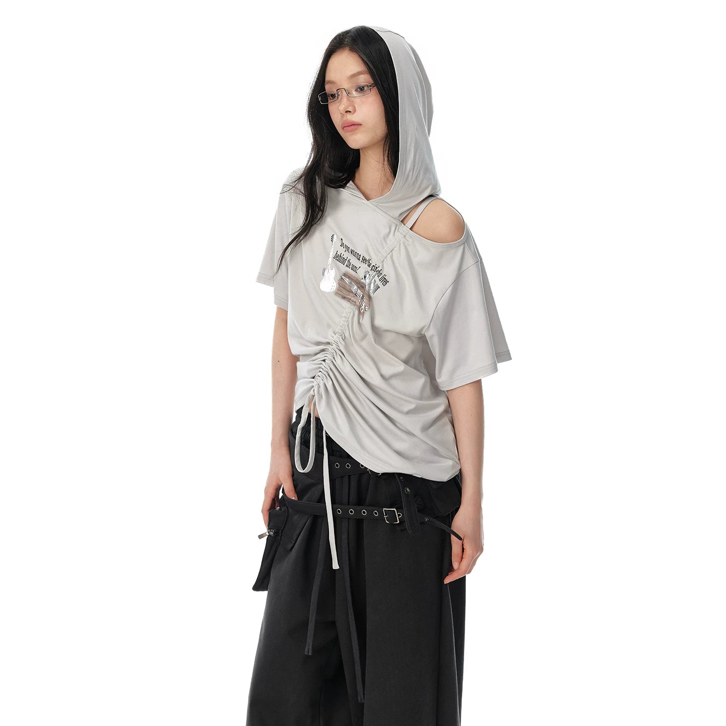 JIKOO Slanted Shoulder Hooded Loose Tee