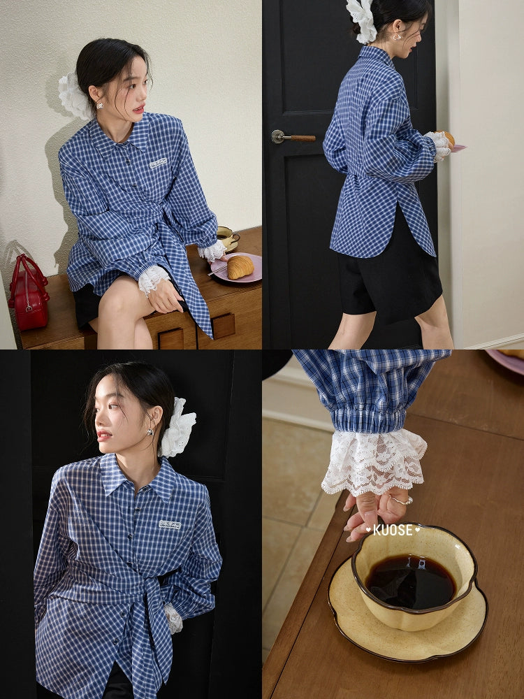Kuose Lace Patchwork Waist Plaid Shirt