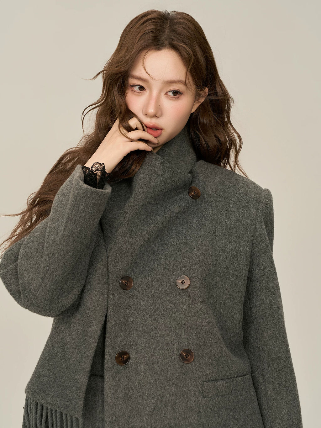 Wildberry Scarf Collar Double-breasted Medium and Long Wool Jacket