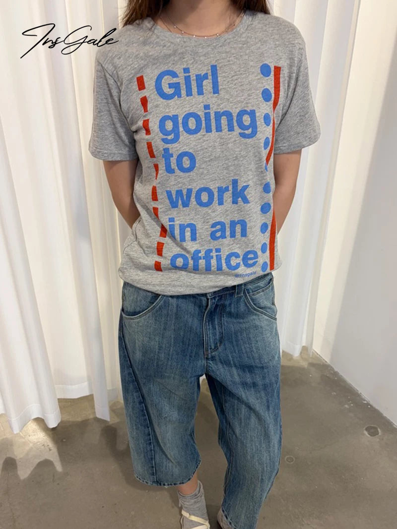 InsGale Contrasting Color English Printing Casual Tee