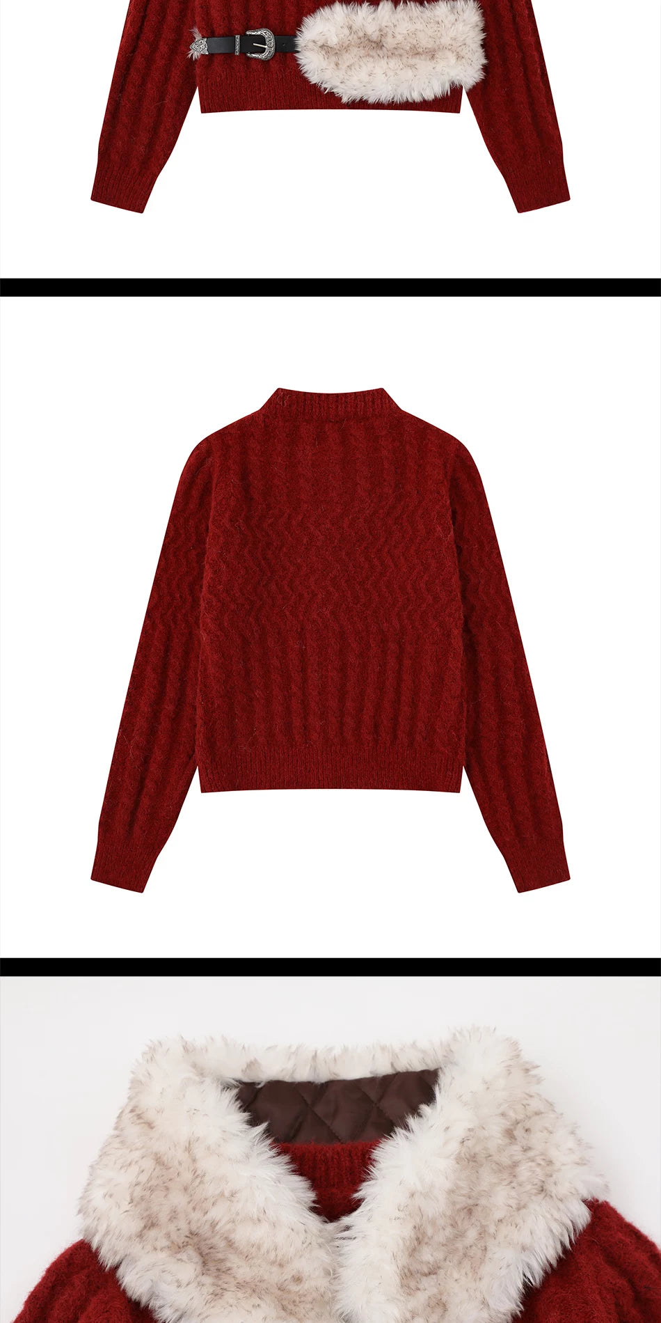 Zuocisankon Detachable Fur Collar Twist Knitted Cardigan Sweater