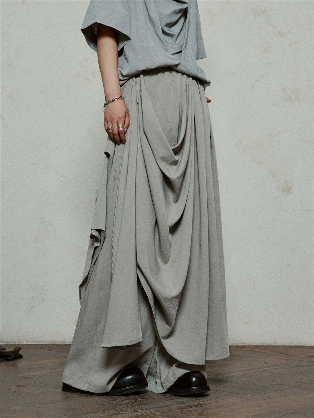SUNYVONNE Irregular Double-layer Streamer Drape Wide-leg Pants