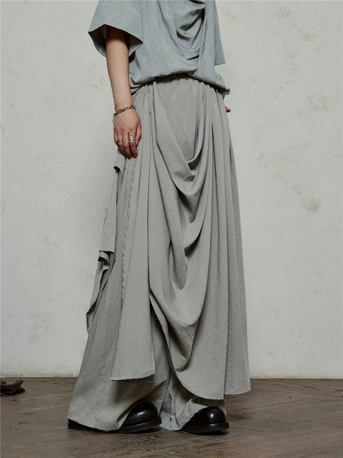 SUNYVONNE Irregular Double-layer Streamer Drape Wide-leg Pants