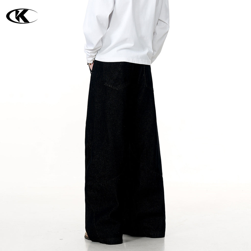 11KN washed pleated black straight jeans