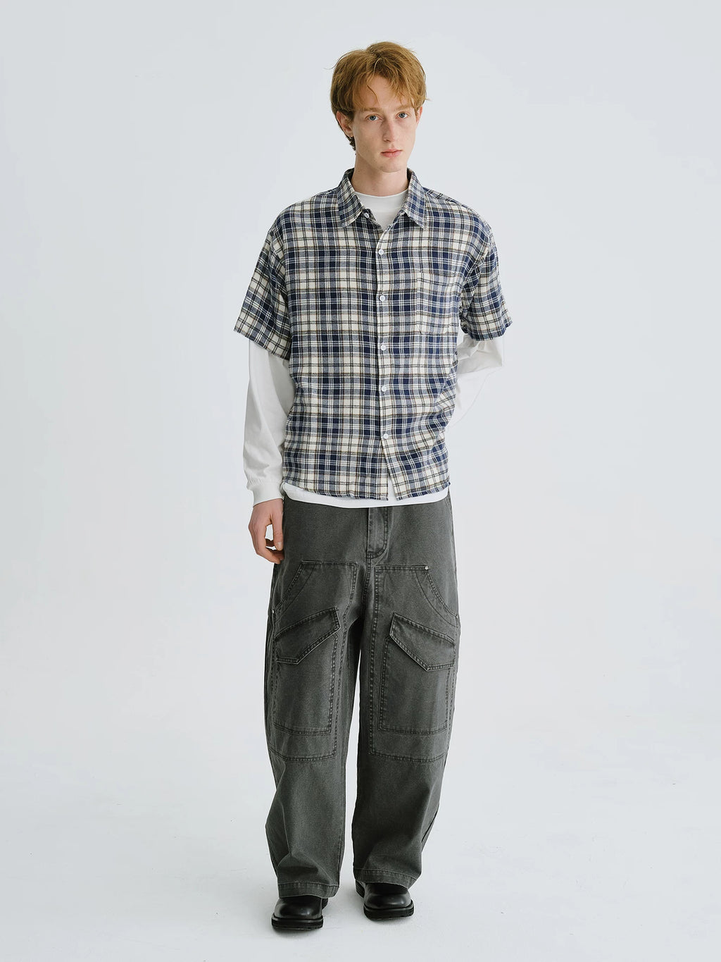 LIVINGTOWN Simple and Versatile Color-blocked Plaid Short-sleeve Shirt