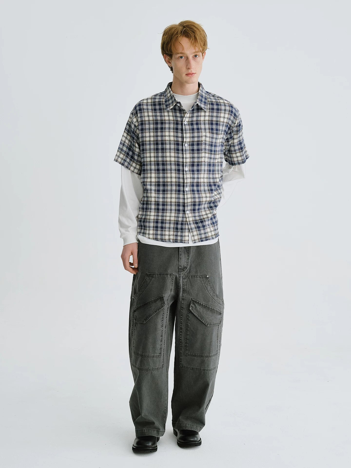 LIVINGTOWN Simple and Versatile Color-blocked Plaid Short-sleeve Shirt