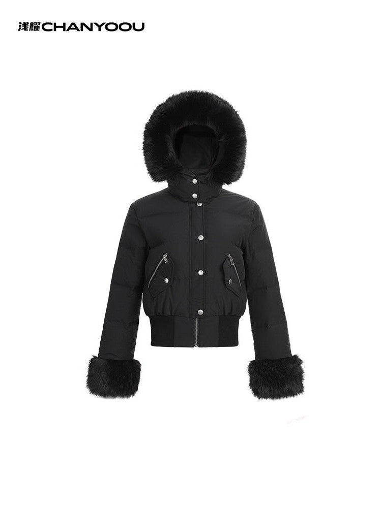 CHANYOOU Retro Fur Collar Slim-fitting Waist Hooded Jacket