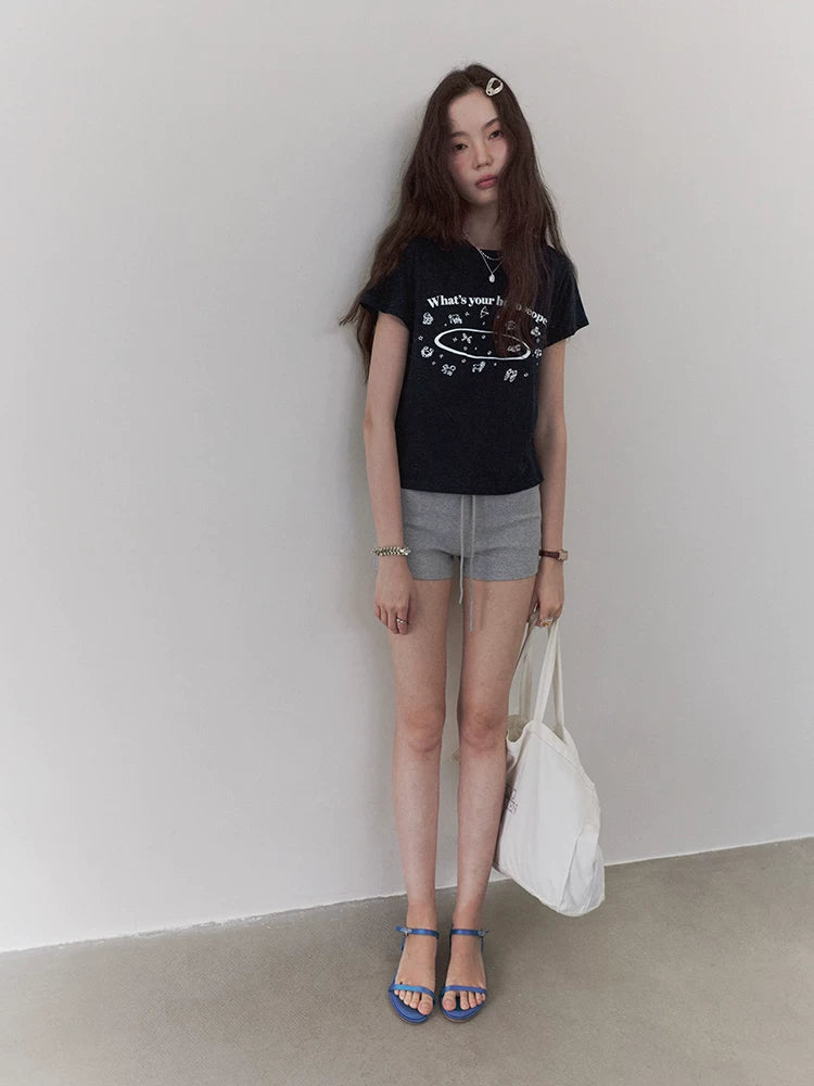 VOOE Crew Neck Letter Print Front Shoulder Versatile Tee
