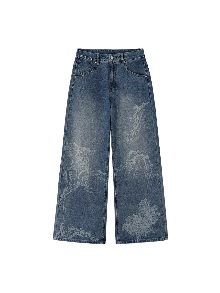 CONP Laser Landscape Burning Flower Slightly Pulled Jeans