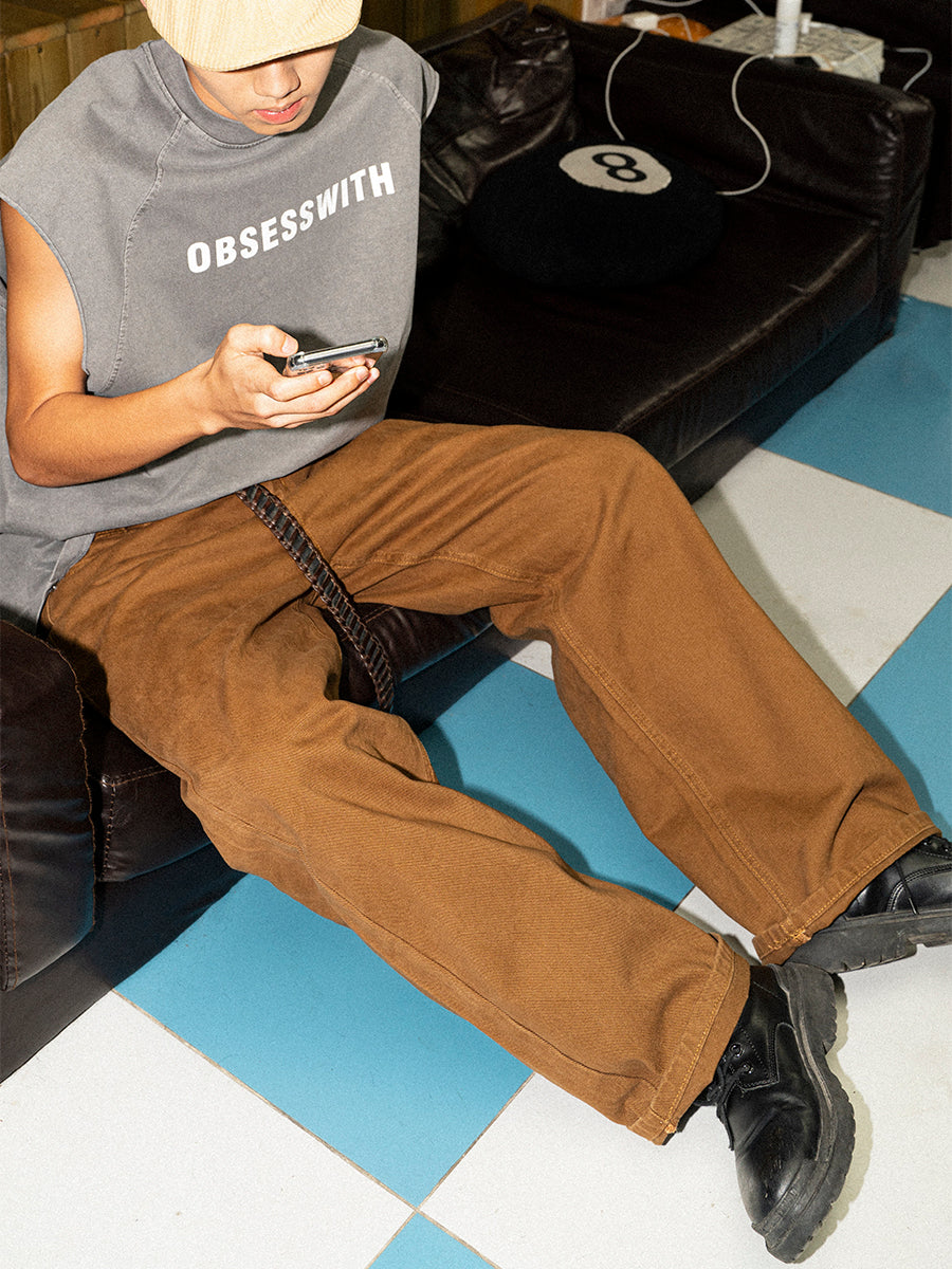 OBSESSWITH Four Seasons Middle Waist Straight Loose Basic Simple Skateboard Pants