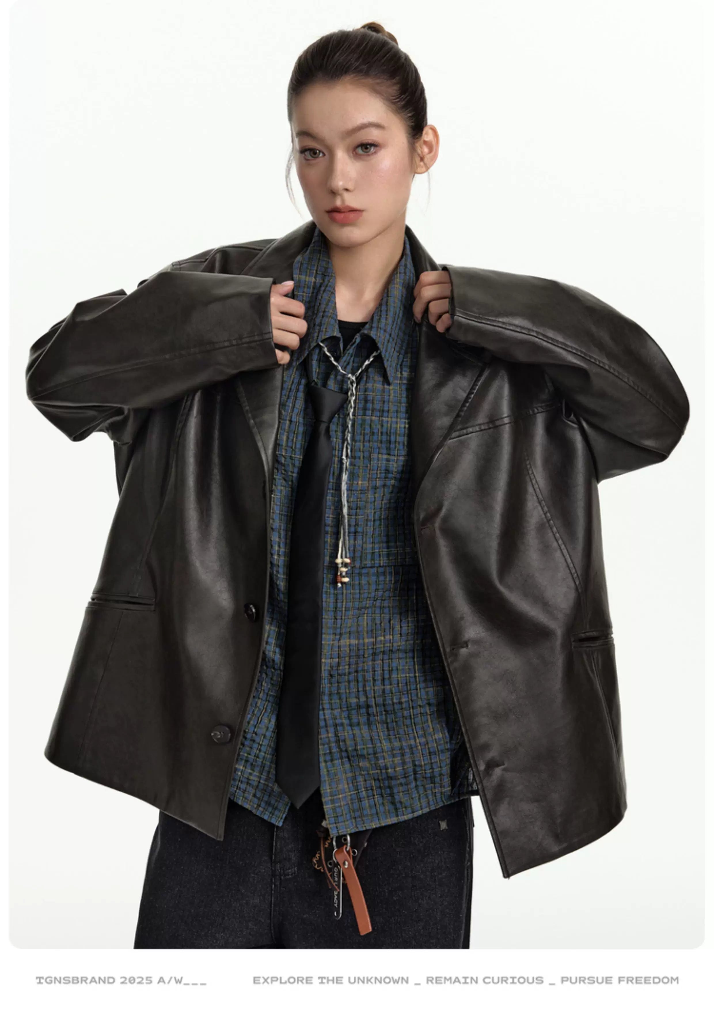 TGNS Vintage Pu Leather Lapel Jacket