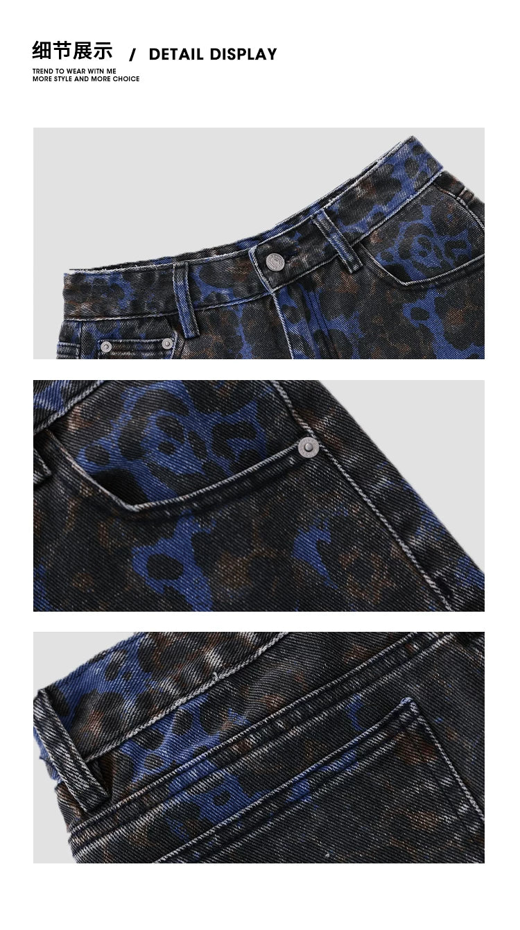 Acestudios Vintage Loose Straight Wide Leopard Denim Five-Point Shorts