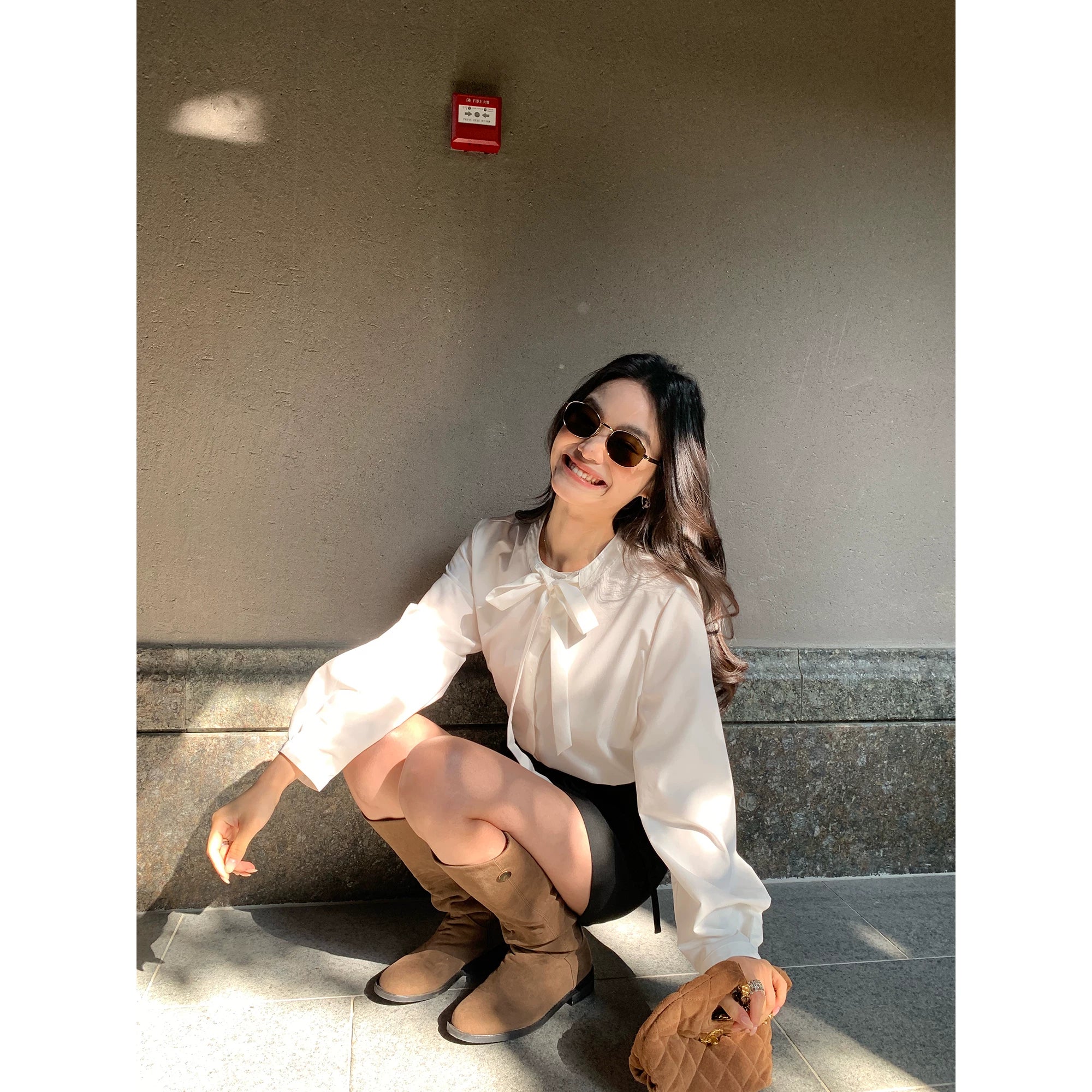 Pusumede Bow Strap Striped Shirt