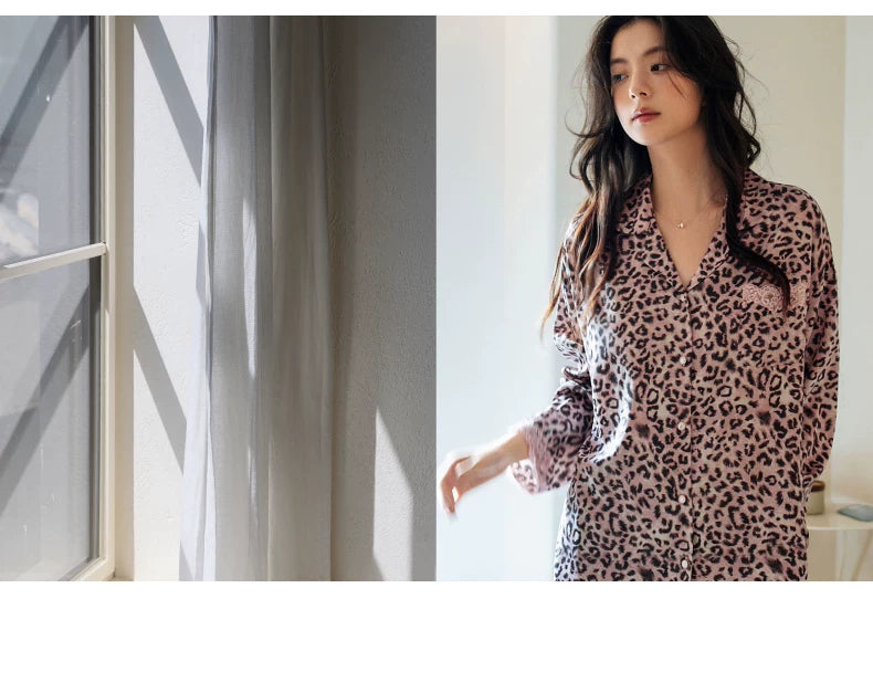 YUENEI Leopard Print Pink Silk Ice Silk Long-sleeved Trousers Pajamas