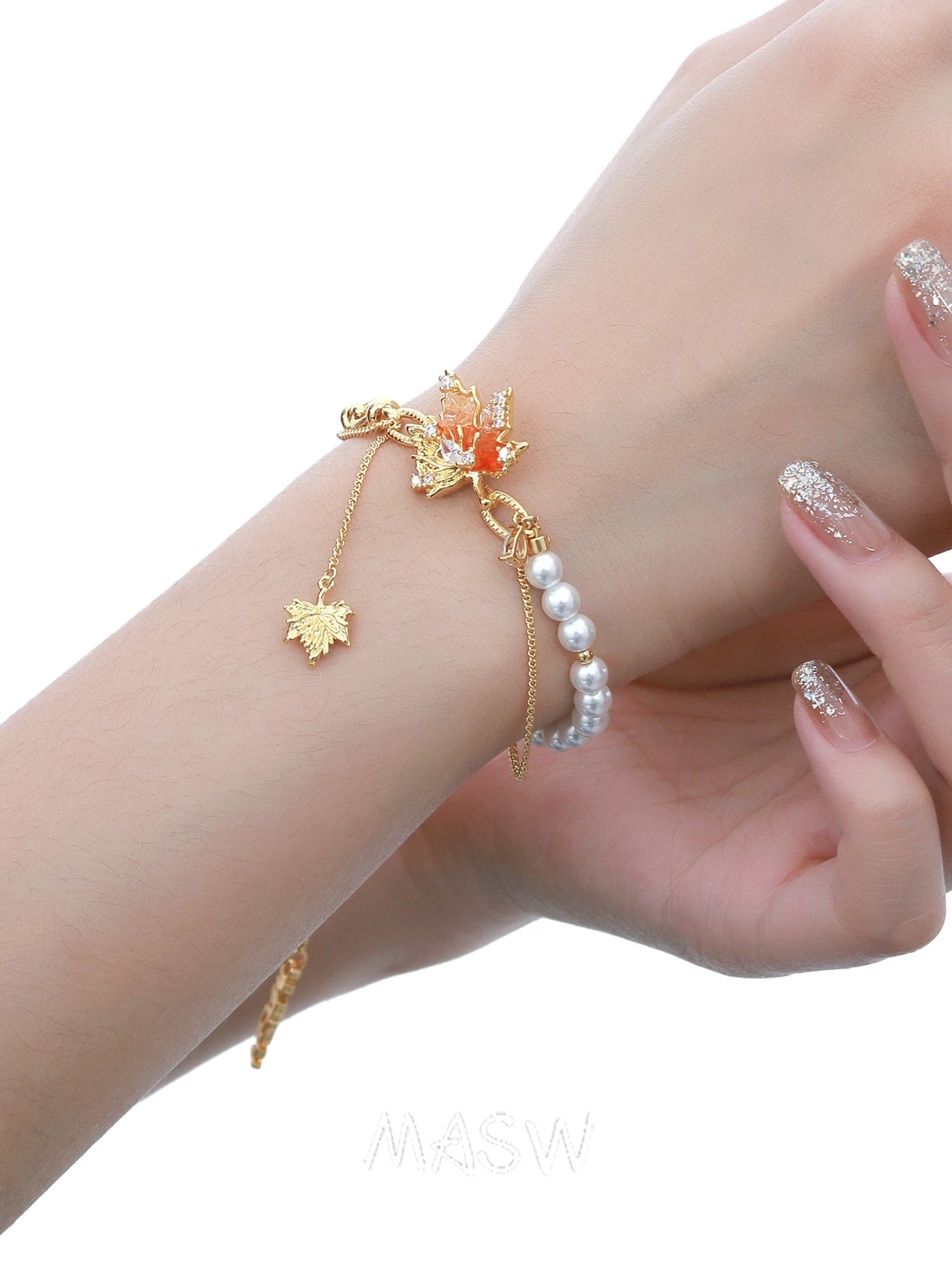 MASW Splicing Pearl Sunset Orange Maple Leaf Bracelet