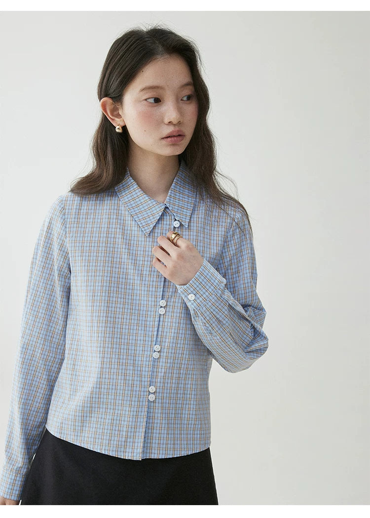 VOOE Contrasting Plaid Diagonal Neck Shirt