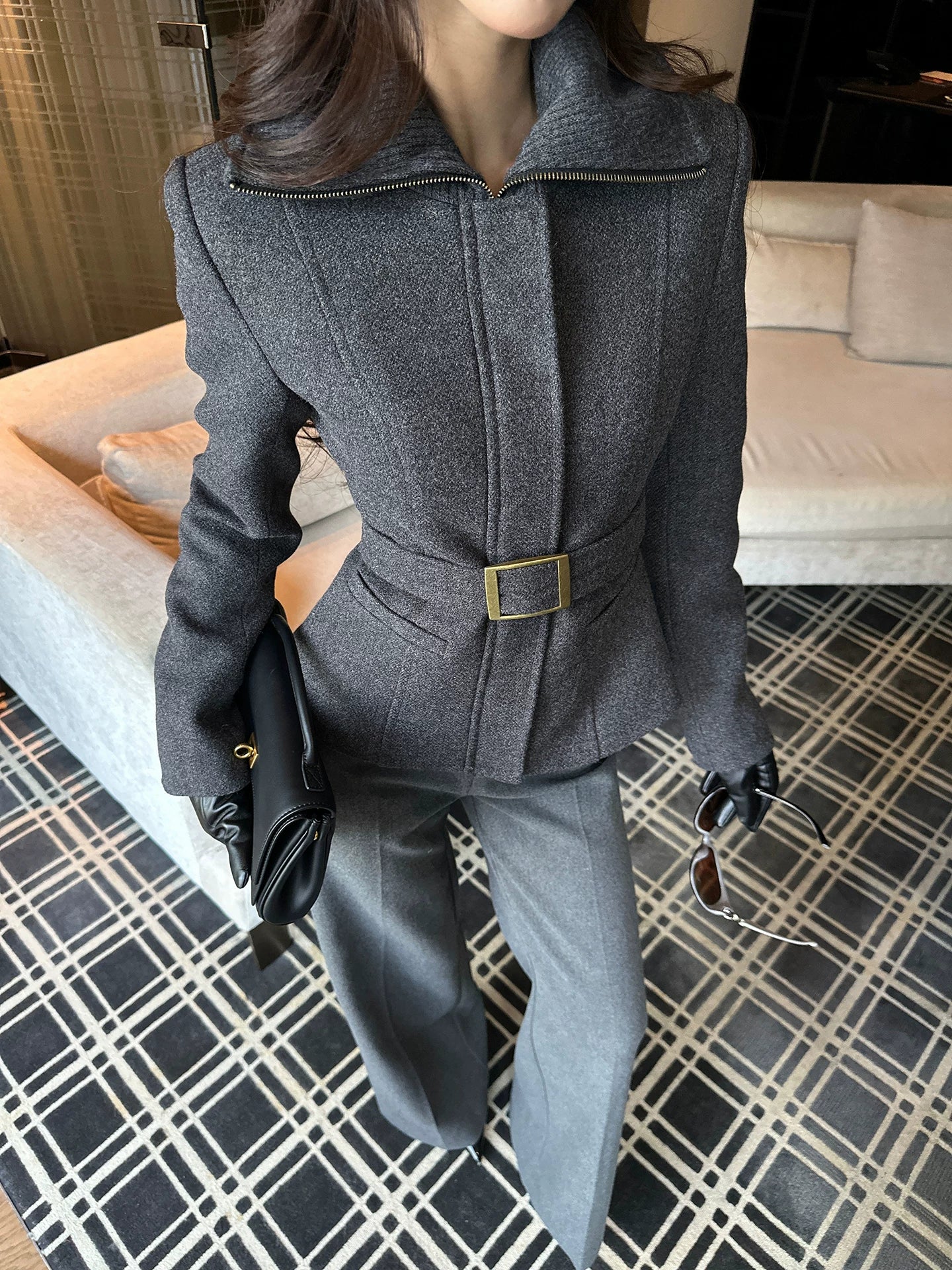 LLROGE Waist Temperament Lapel Woolen Jacket