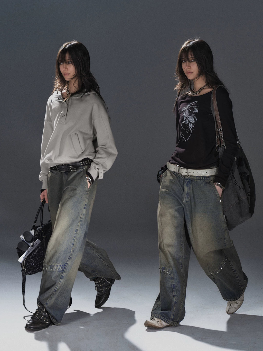WearAndtear Distressed Riveted Wide-leg Jeans
