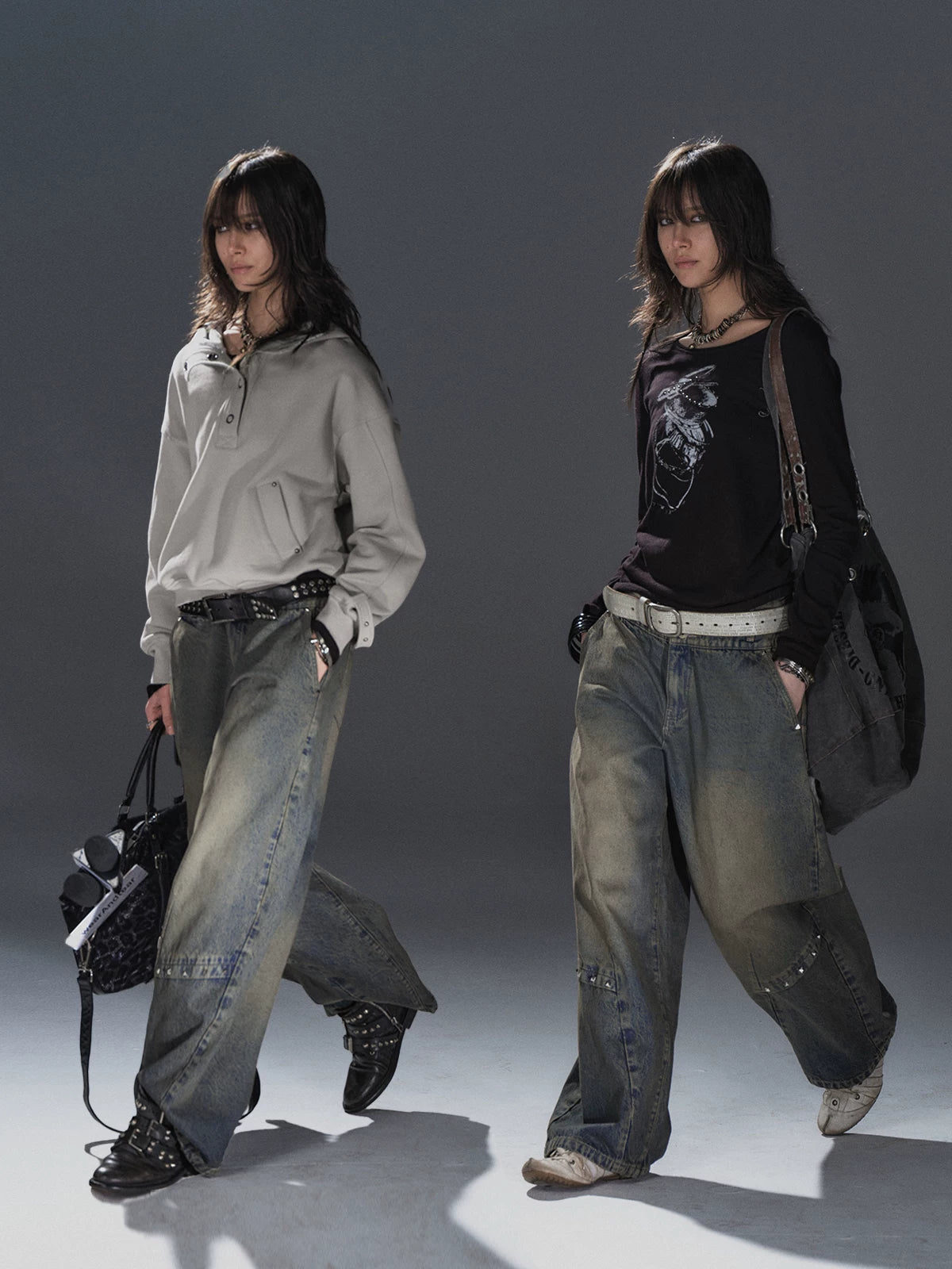 WearAndtear Distressed Riveted Wide-leg Jeans