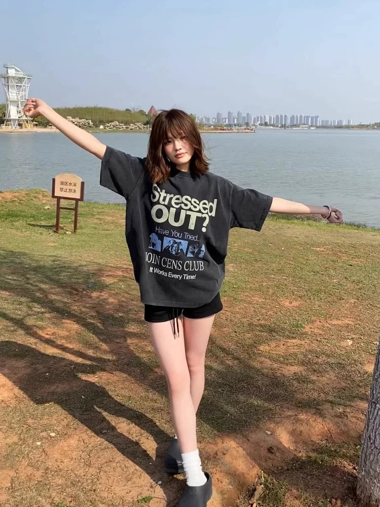 CENSMADE Retro Letter Print Casual Tee