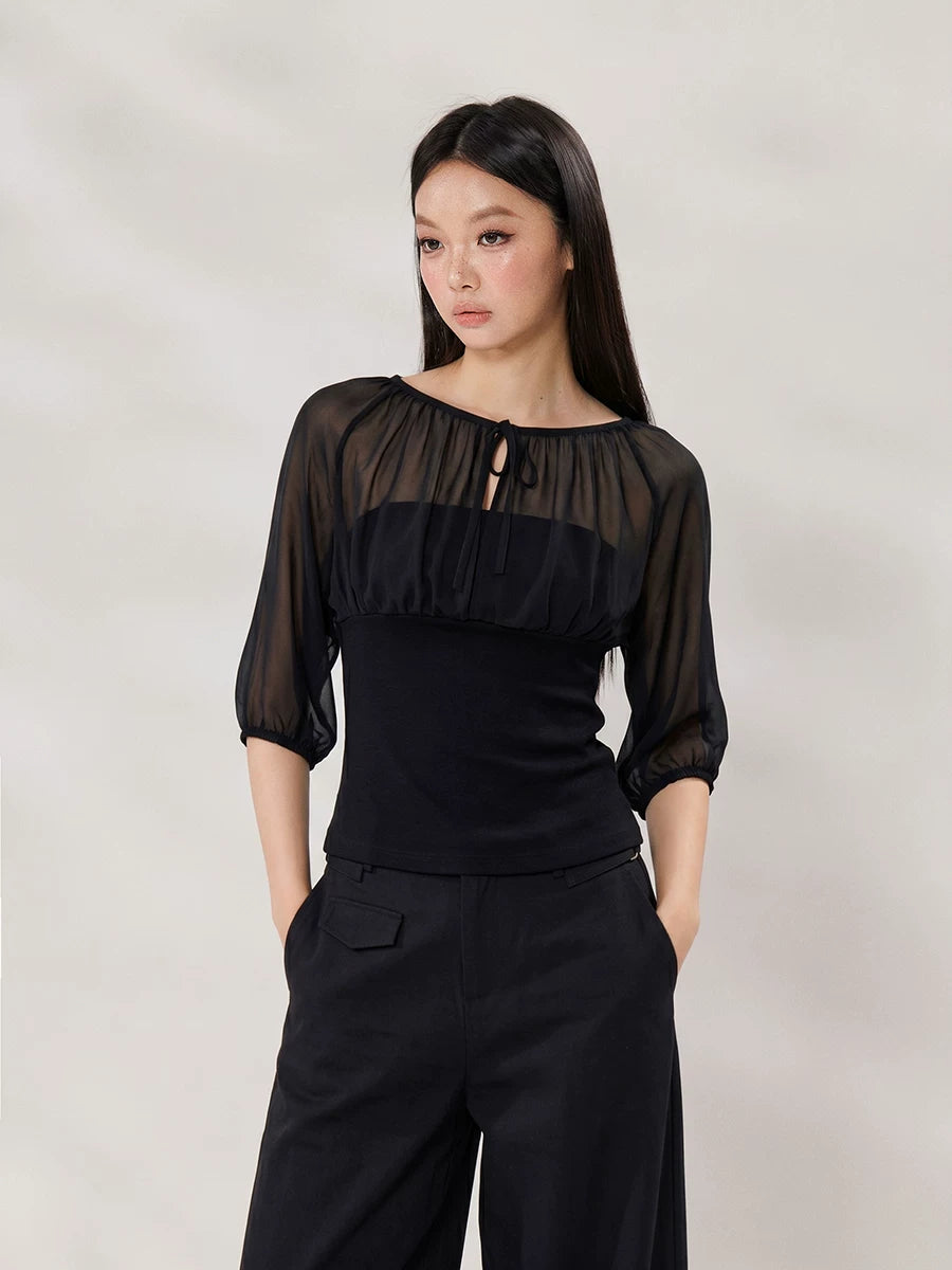 WITHMIN Front Shoulder Waist Thin Fake Two-piece Tee