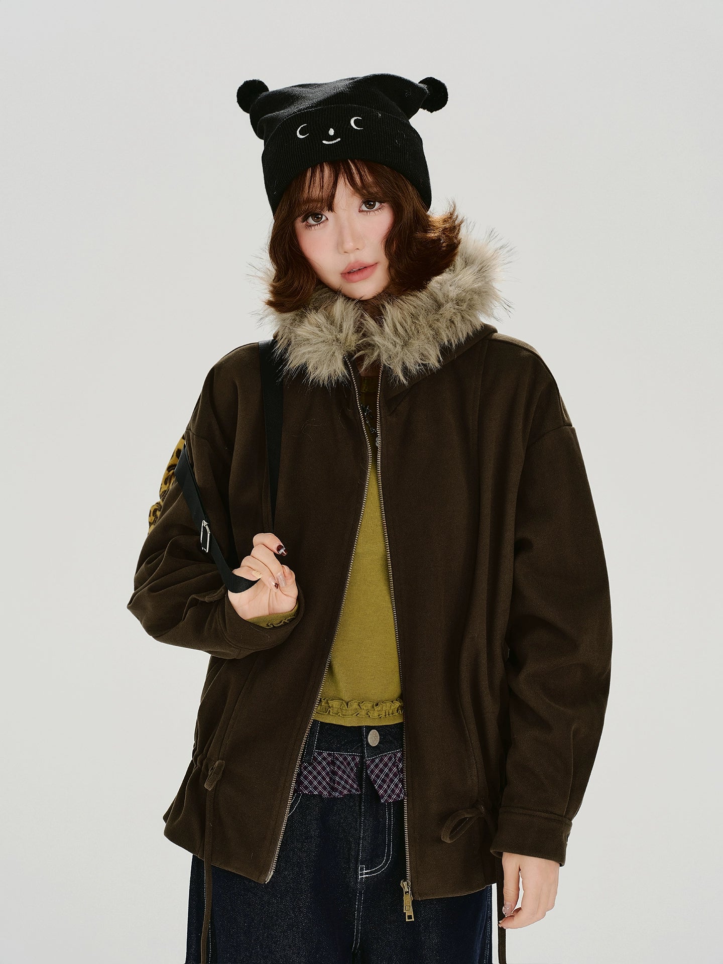 Girlyhalo Drawstring Hooded Fur Collar Jacket