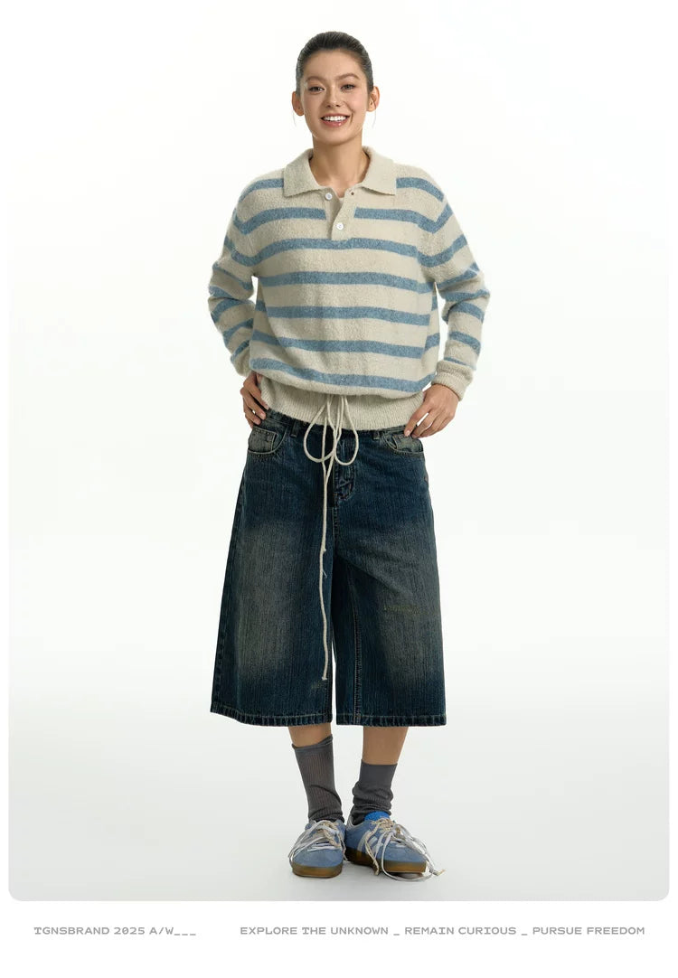 TGNS POLO Neck Drawstring Waist Striped Knitted Sweater
