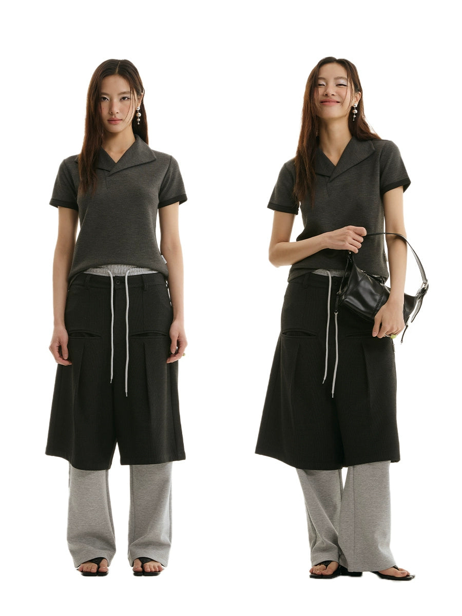 FUNKYFUN Minimalist and Fashionable Design Sense Front Shoulder Short Sleeve Tee