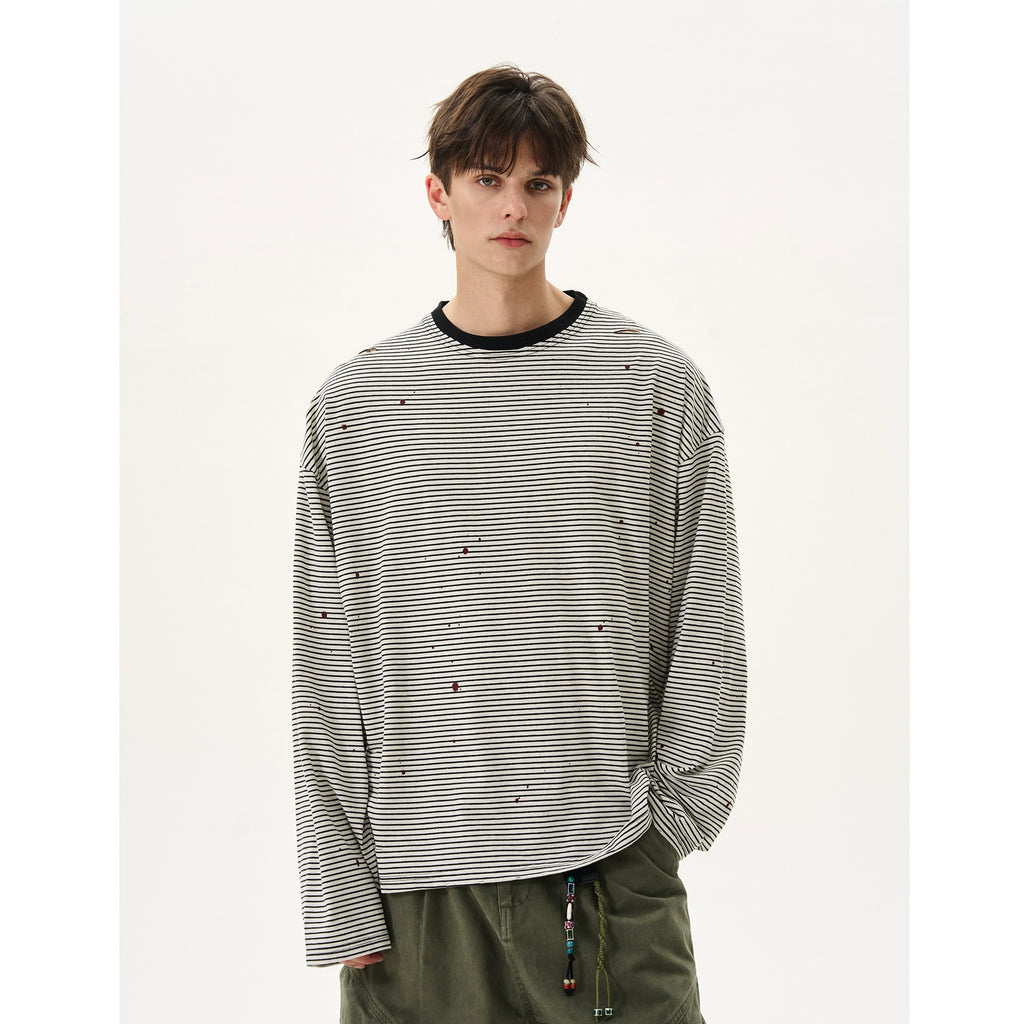 BTSG sense ink splashing ripped striped round neck long sleeve Tee