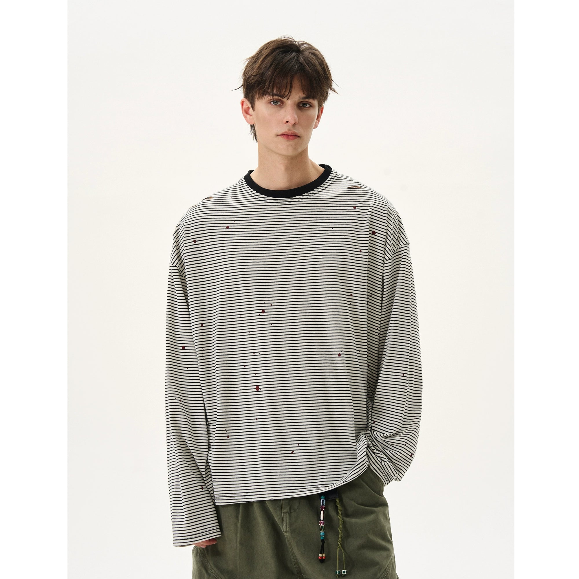 BTSG sense ink splashing ripped striped round neck long sleeve Tee