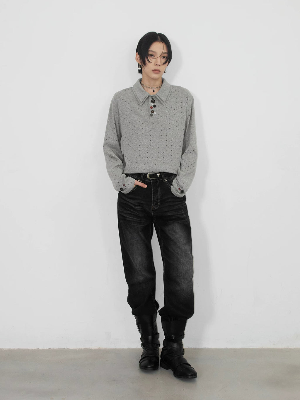 Sameuoo Double Polo Neck Polo Dot Long Sleeve