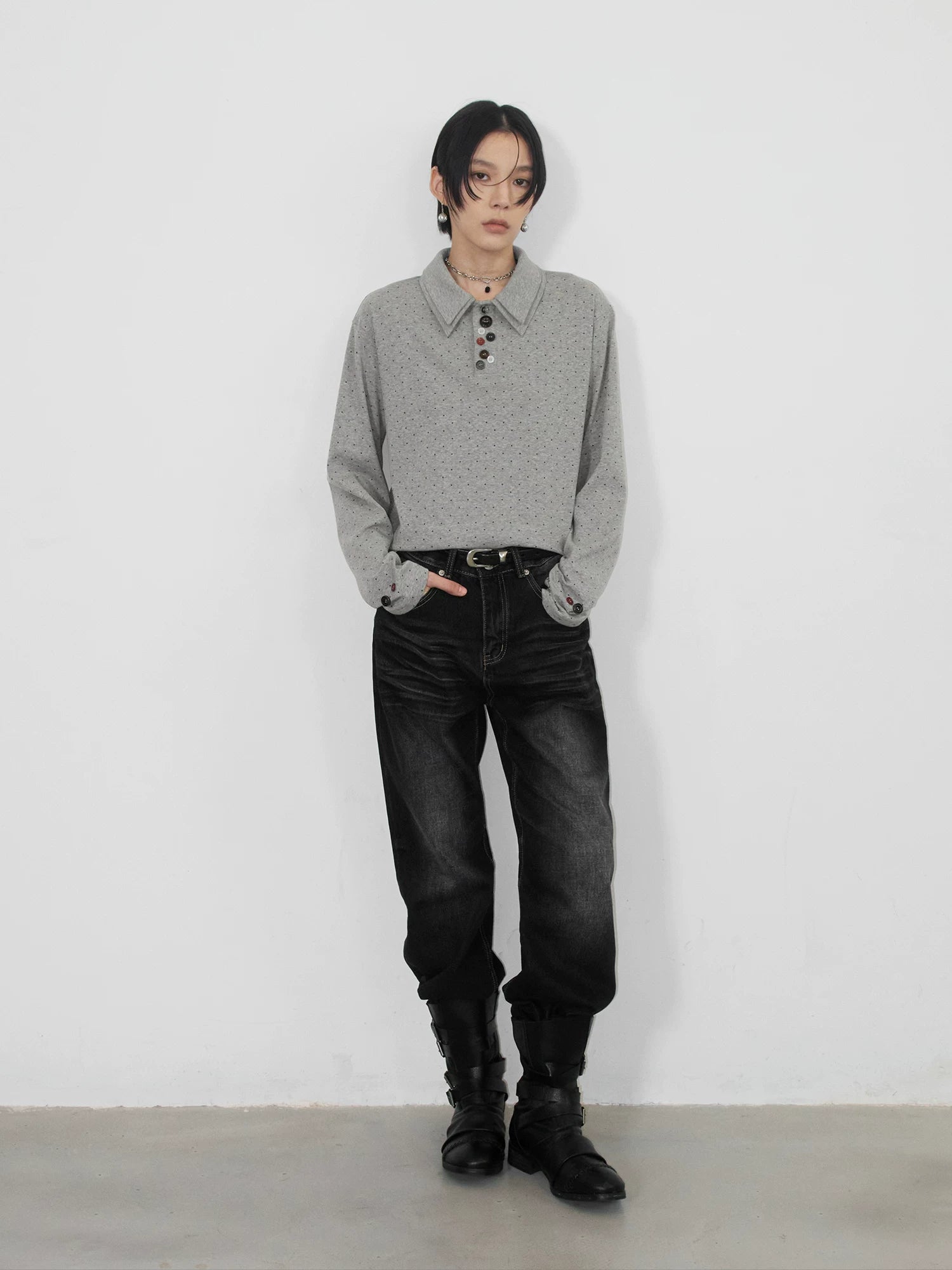 Sameuoo Double Polo Neck Polo Dot Long Sleeve