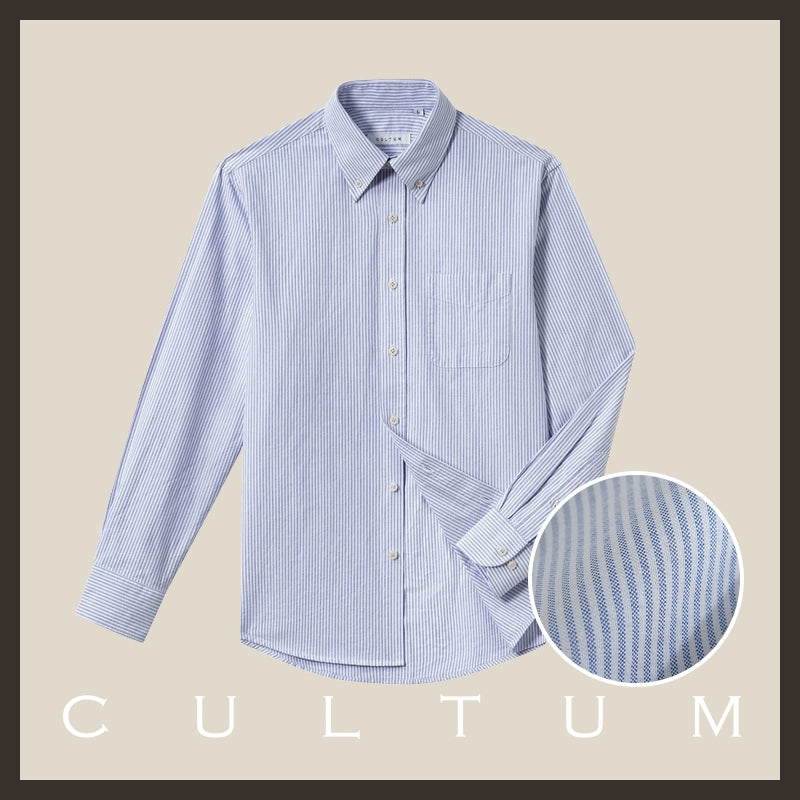CULTUM Washed Oxford Spun Button-Neck Striped Shirt