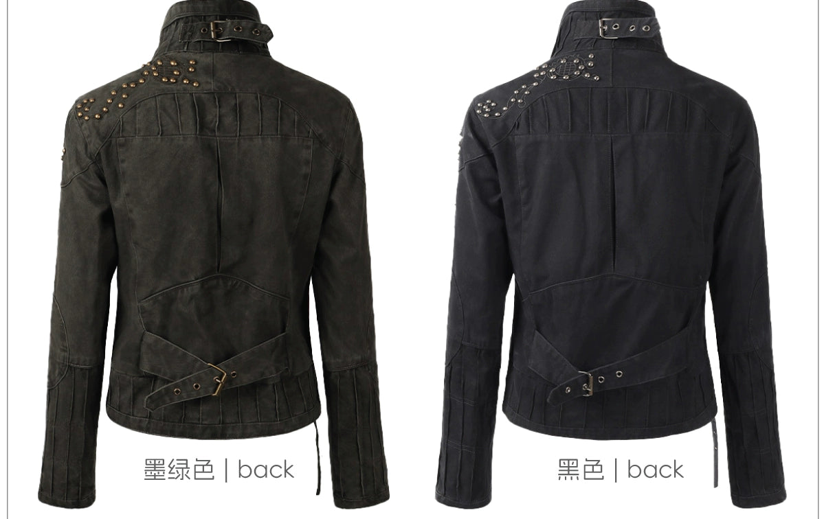 NOMANIAI Old Embroidered Bronze Rivet Short Denim Jacket