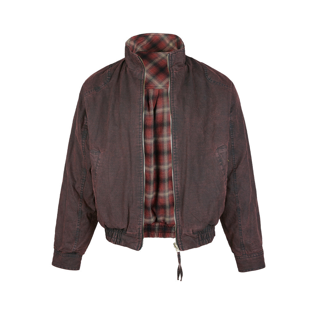 MADEEXTREME Retro Gradient Plaid Stand Collar Thickened Jacket