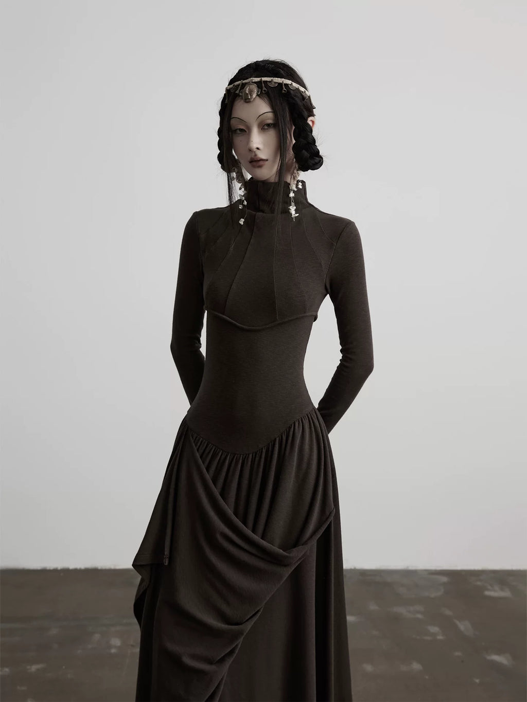 INDULGE Irregular Stand-up Neck Knitted Waist Dress