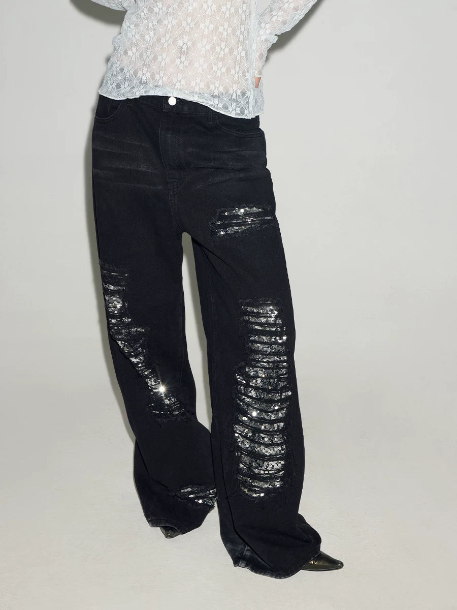 CONP Retro Sequined Ripped Jeans
