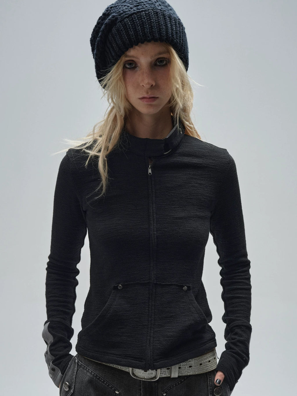 WearAndtear Stitching Rivet Neckline Slim Stand-up Collar Jacket