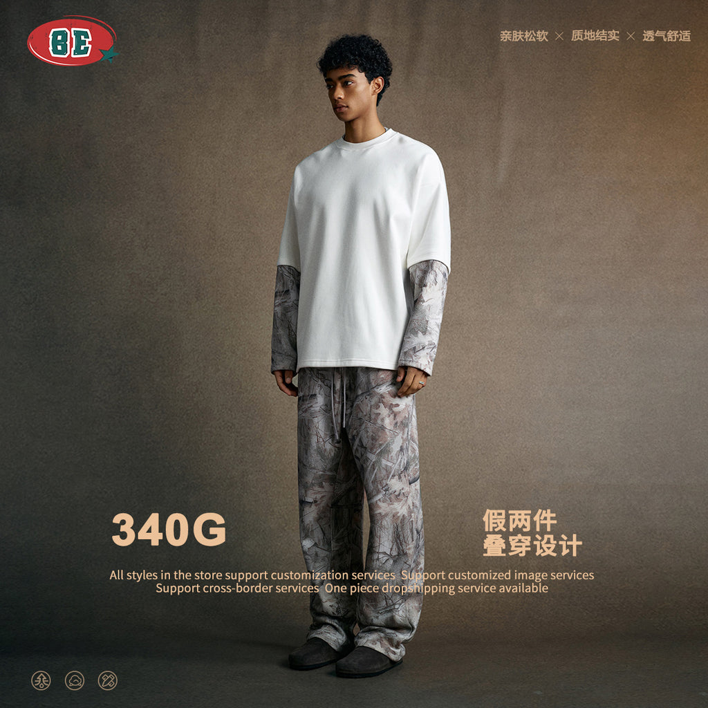 BE Retro Tree Pattern Contrasting Color Fake Two-piece Camouflage Long Sleeve