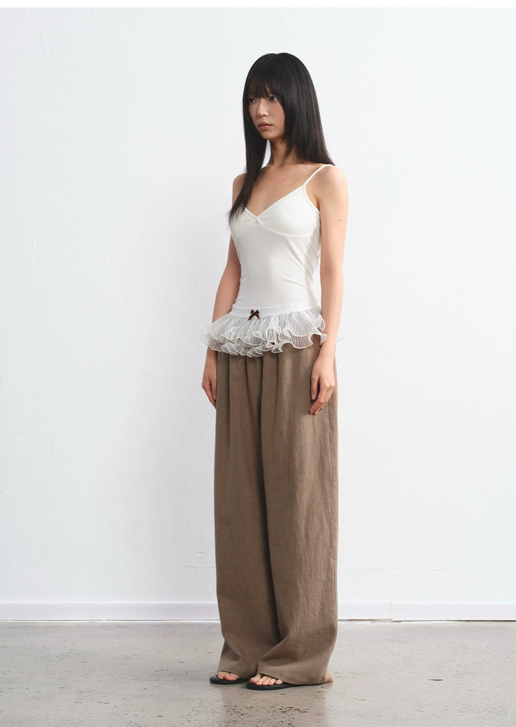 LINY LIBERTY Vintage Contrasting Color Ruffle Edge Loose Straight Casual Pants