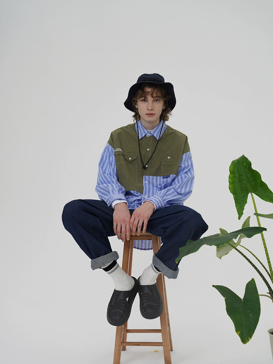 O3PARK Japanese Loose Casual Color Contrasting Splicing Striped Shirt