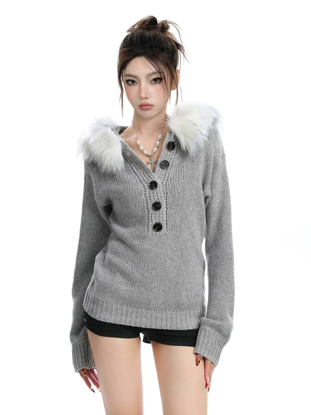 KDASE Slim-fit Waist Hooded Removable Fur-neck Knitted Top